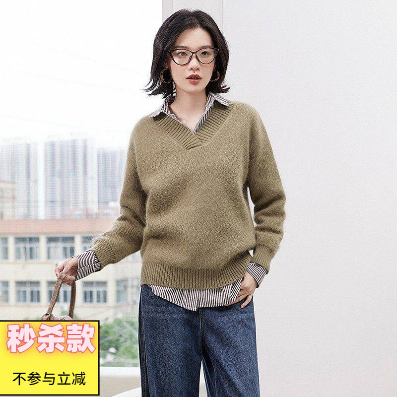 奥莱专柜品牌撤柜正品 HZ冬装2025新款套头休闲V领羊毛修身毛衣女