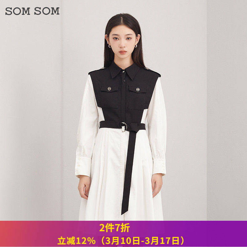 SOMSOM/索玛春装新款 通勤优雅气质衬衫领显瘦假两件中长款连衣裙