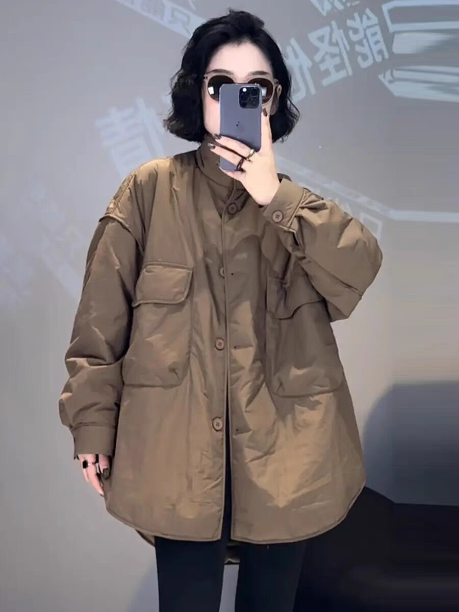 韩版时尚大口袋棉服女2023秋冬新款休闲百搭开衫翻领轻薄棉衣外套