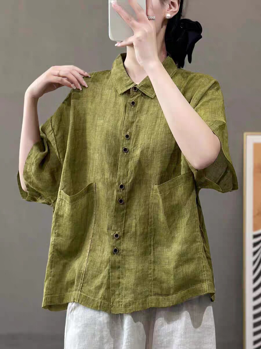 园园美衣复古扎染100%苎麻衬衫女文艺炒色翻领衬衫气质薄款上衣夏