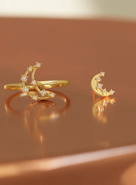 日系轻奢925纯银戒指 暮光之月系列 星辰坠落 闪耀锆石银镀14k金