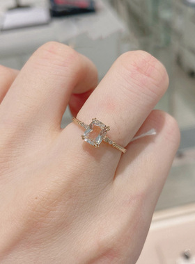 日系925纯银超闪天然白水晶戒指 方形冰糖水晶戒指小众简约冷淡风