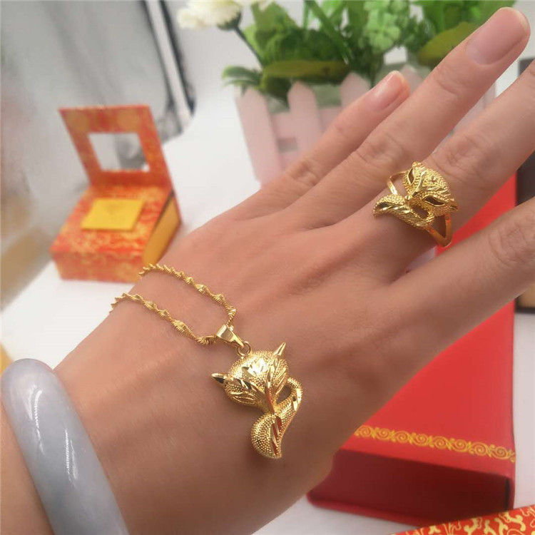 越南沙金吊坠久不掉色欧币开口戒指 镀金活口款女士指环狐狸项链