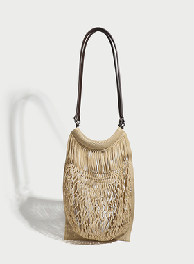 2025夏季新款女包植鞣牛皮配手工编织包小众设计单肩斜挎包渔网袋