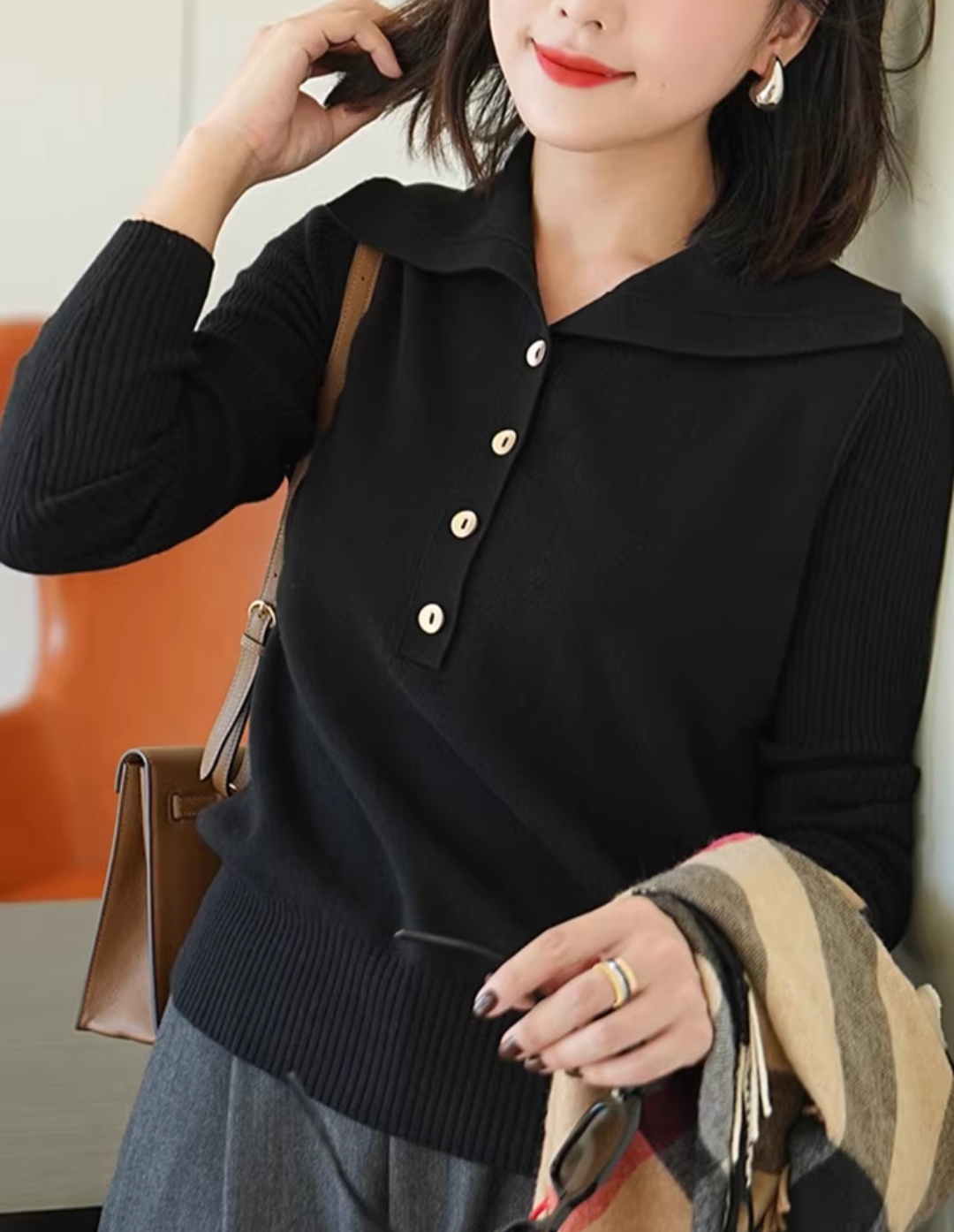 商场同款2025秋冬新款绵羊毛翻领羊毛上衣宽松百搭气质设计感毛衫