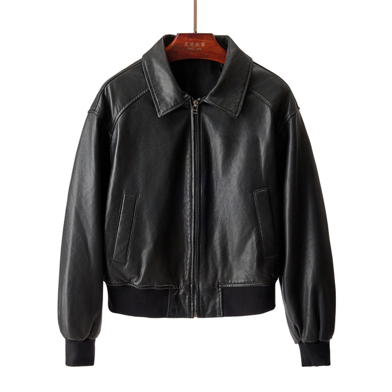 极简黑色小羊皮真皮皮衣女士秋冬季羽绒服飞行员皮夹克短外套保暖