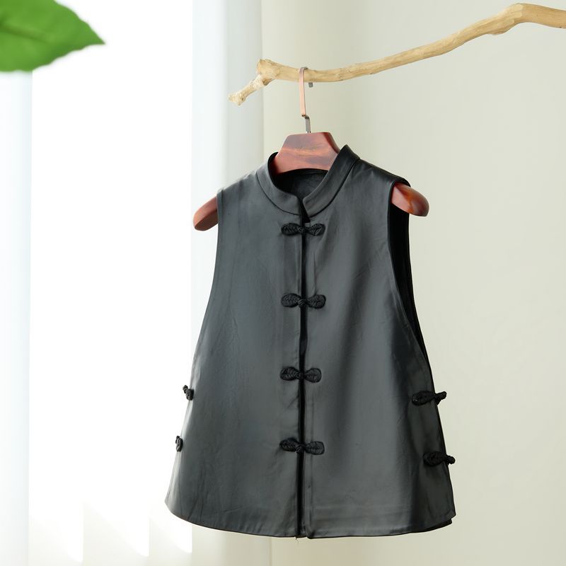 2025秋新款新中式国风真皮衣马甲女装绵羊皮显瘦背心修身坎肩马夹