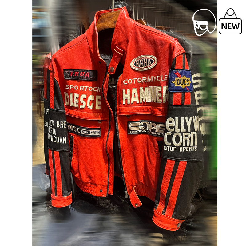 复古水洗机车皮衣男女士骑行服羊皮真皮皮衣摩托车刺绣红色皮夹克