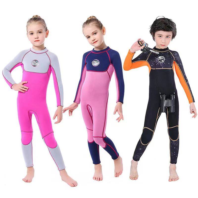新款儿童游泳衣女童男3MM长袖保暖浮潜加厚冬季冲浪水母衣潜水服