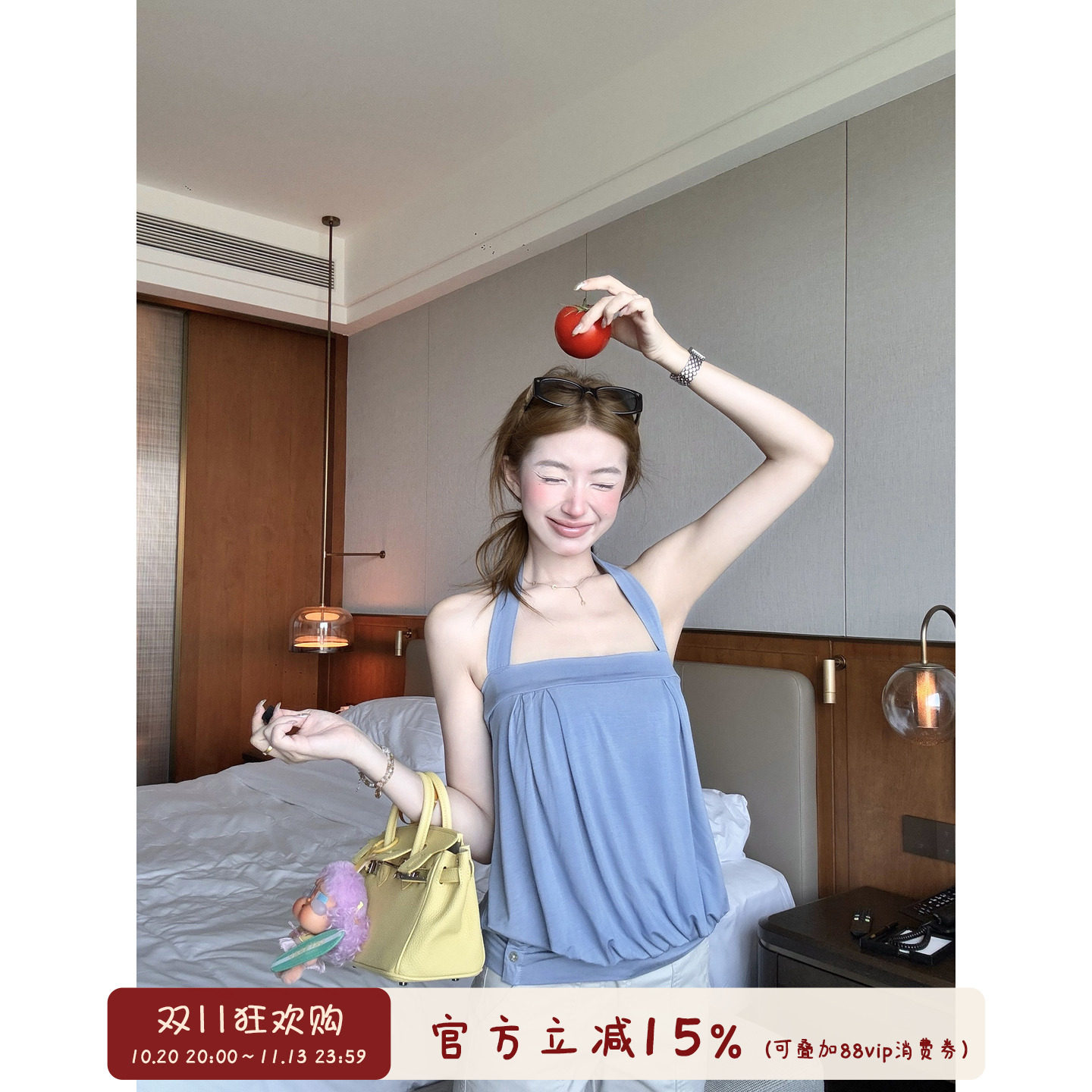 oooodd  夏日海盐雾蓝纯欲美式垂感挂脖露肩抹胸显瘦吊带背心女夏