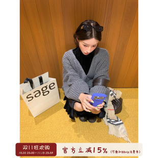 oooodd 韩系粗针V领毛衣女秋冬宽松慵懒大喇叭袖软糯针织开衫外套