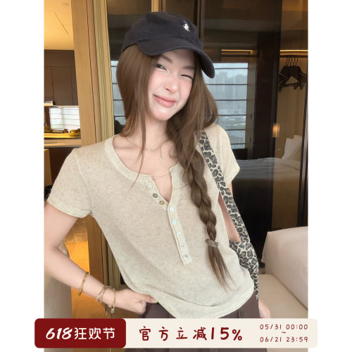 oooodd气质纽扣半开领短袖T恤