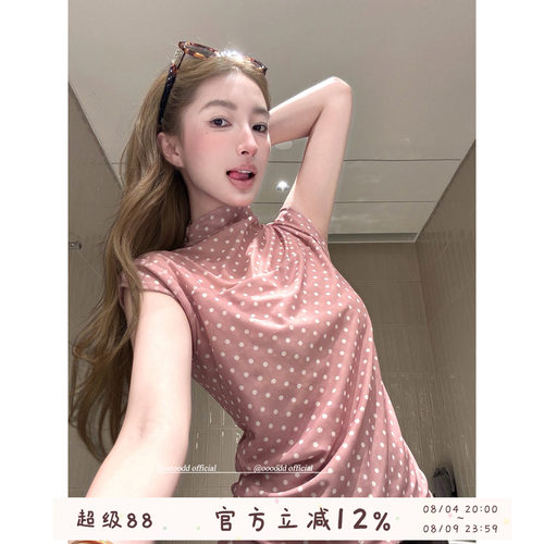 复古少女小波点半高领网纱小衫女