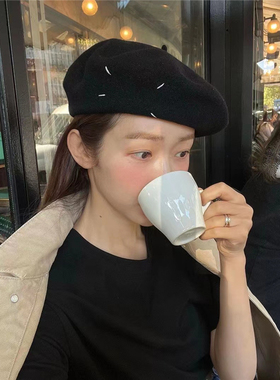 韩国时尚博主fever同款 经典黑色四角缝线标 百搭羊毛贝雷帽女