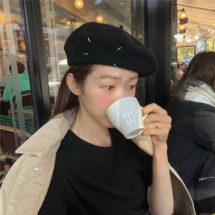 韩国时尚博主fever同款 经典黑色四角缝线标 百搭羊毛贝雷帽女