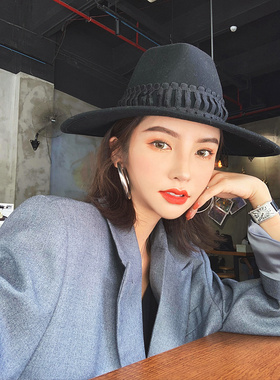 时尚百搭黑色爵士顶羊毛毡帽欧洲小众款ins时尚博主网红同款帽子