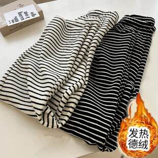 网红条纹裤子秋冬季德绒加厚加绒学生百搭睡裤冬天保暖外出居家裤