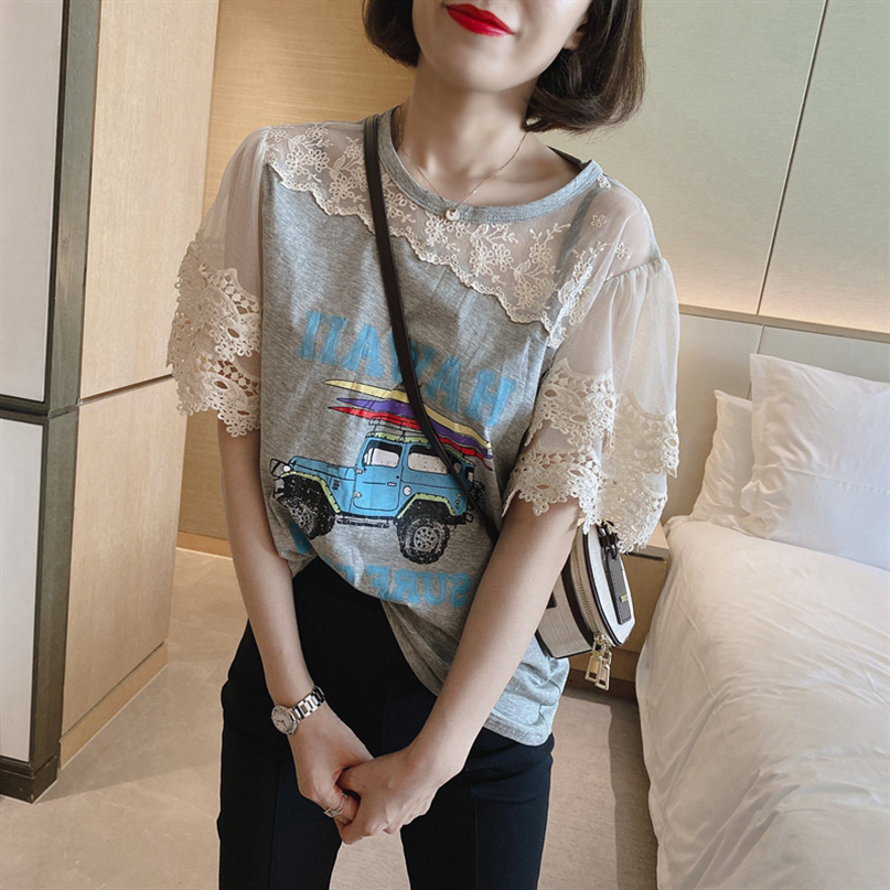 韩国东大门2025年夏季新款设计感印花双层网纱蕾丝拼接短袖T恤女