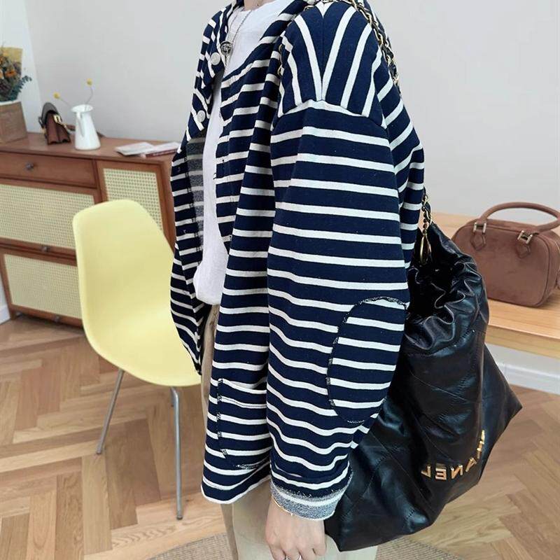 休闲宽松补丁布条纹开衫卫衣外套图片