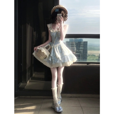 法式甜美蓝色碎花连衣裙子女夏季