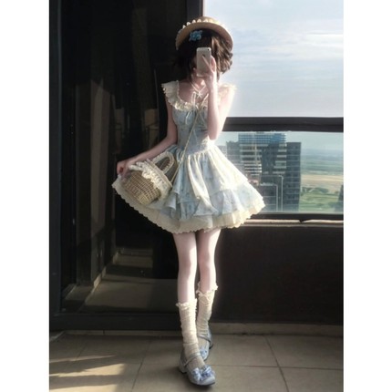 法式甜美蓝色碎花连衣裙子女夏季在逃公主气质收腰小个子蓬蓬短裙