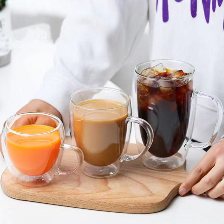 高硼硅隔热玻璃杯带把 大容量咖啡牛奶果汁马克杯家用透明双层杯