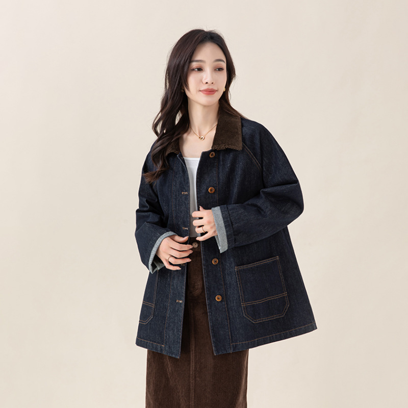 复古撞色牛仔外套2025秋季新款灯芯绒翻领棉弹中长夹克潮