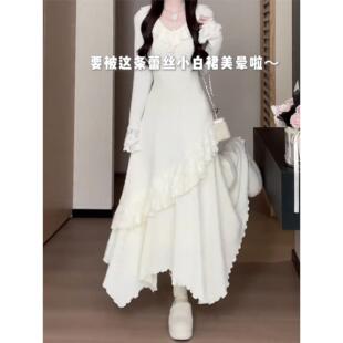 法式白色蕾丝长袖连衣裙子女秋冬季2025新款小个子设计感收腰长裙