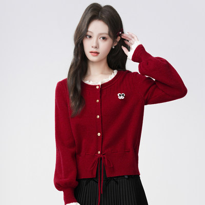 红色木耳边圆领针织开衫