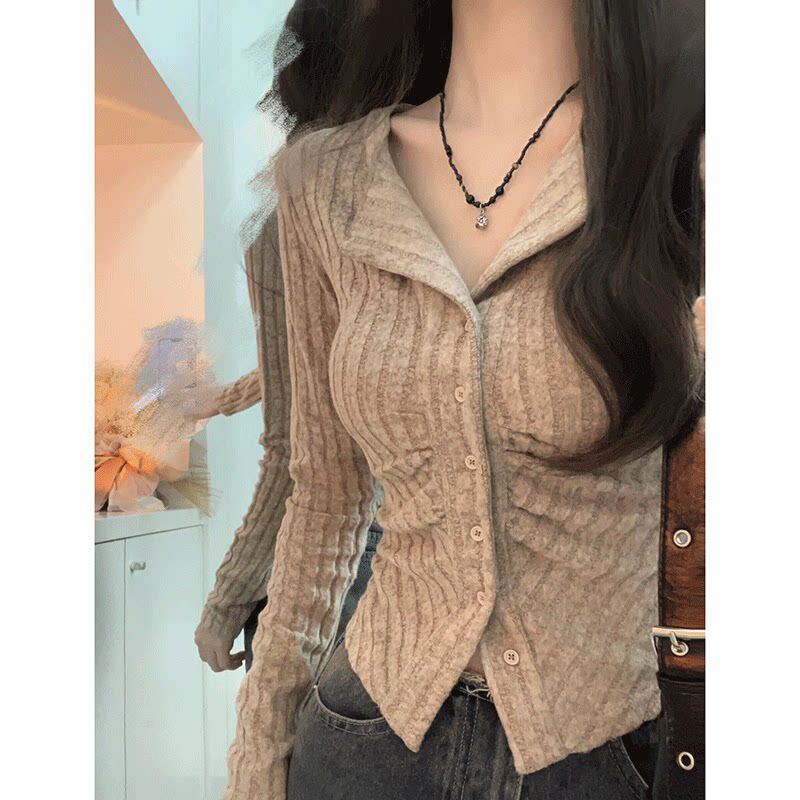 美拉德不规则v领长袖针织衫开衫女秋冬春季修身内搭打底短款毛衣