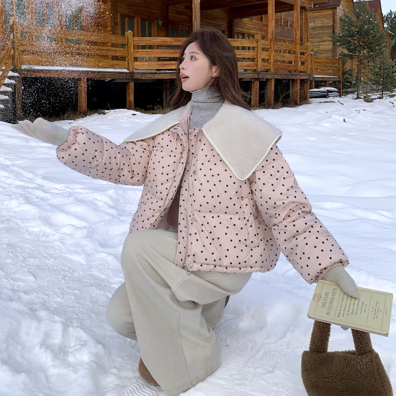 冬装新款韩版甜美圆点娃娃领宽松羽绒服202-5649-P285-K418-50绒，女装羽绒服，浙宝202
