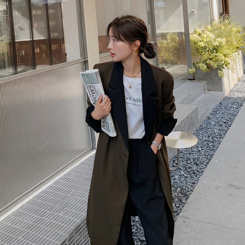 中长款小众拼色风衣外套女春季2025年新款气质韩版宽松时尚大衣潮，女装西装，浙宝202