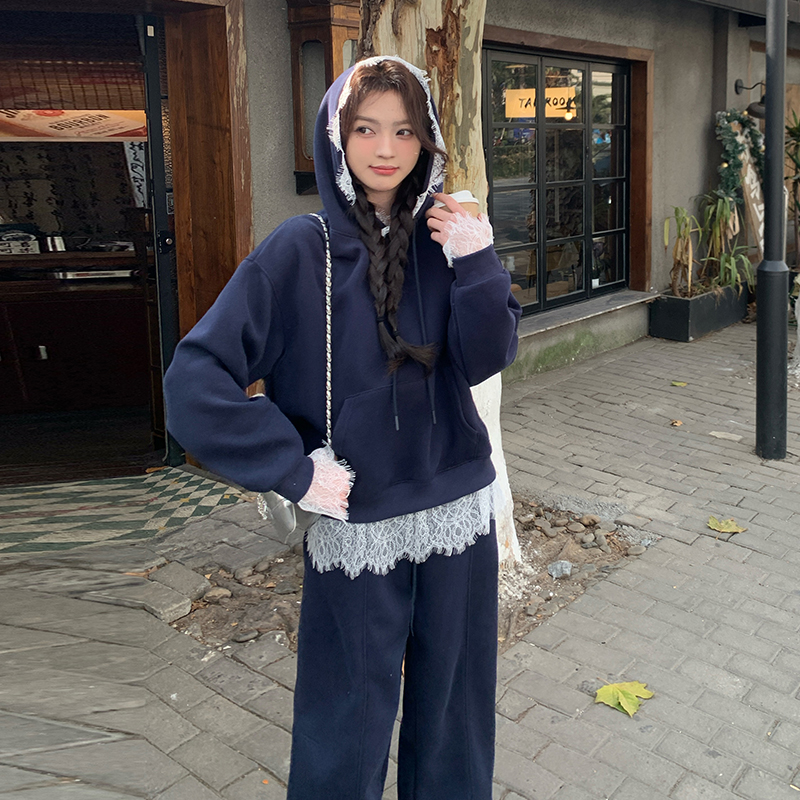 盐甜系穿搭减龄蕾丝拼接卫衣运动女春新款休闲显瘦长裤，女装运动套装，浙宝202