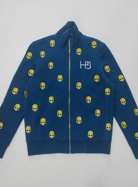 HYDROGEN秋冬男装加绒卫衣骷颅头刺绣翻领男士拉链外套潮修身