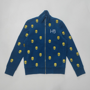 HYDROGEN秋冬男装加绒卫衣骷颅头刺绣翻领男士拉链外套潮修身