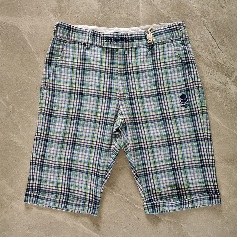 hydrogen正品男装夏季五分裤棉麻短裤格子直筒休闲裤蓝色男士潮流