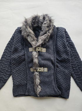 HYDROGEN毛领针织开衫男秋冬皮扣外套慵懒风毛衣外套保暖短款宽松