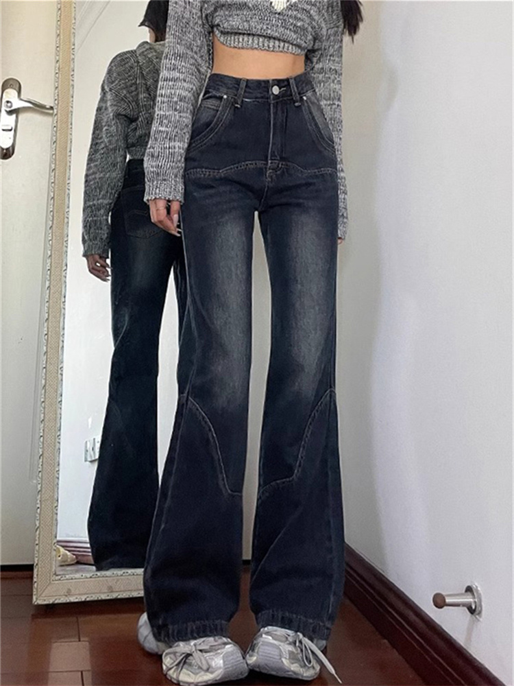 美式复古蓝灰色拖地微喇叭牛仔裤