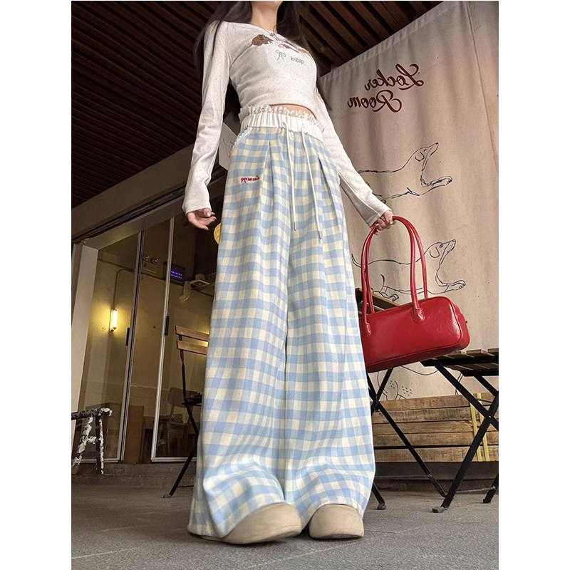 多巴胺蓝色格子裤子女春秋2026新款休闲宽松高腰直筒小个子阔腿裤,女装/女士精品,大码裤装,淘宝优惠券,粉丝福利购,淘宝优惠卷