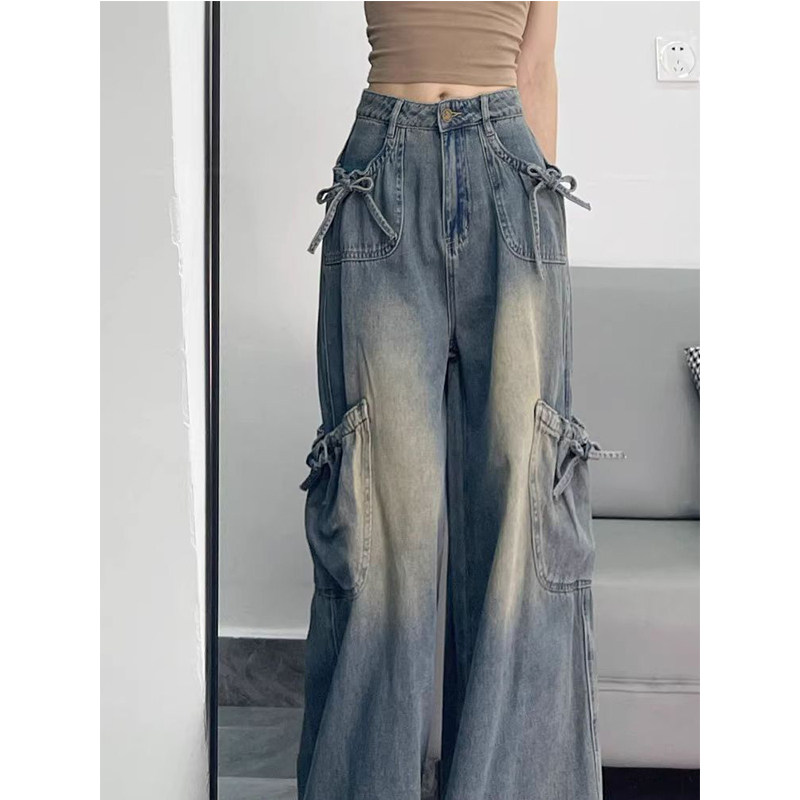 美式复古蝴蝶结绑带牛仔裤裤子女款春秋新款工装裤高腰显瘦阔腿裤,女装/女士精品,大码裤装,淘宝优惠券,粉丝福利购,淘宝优惠卷