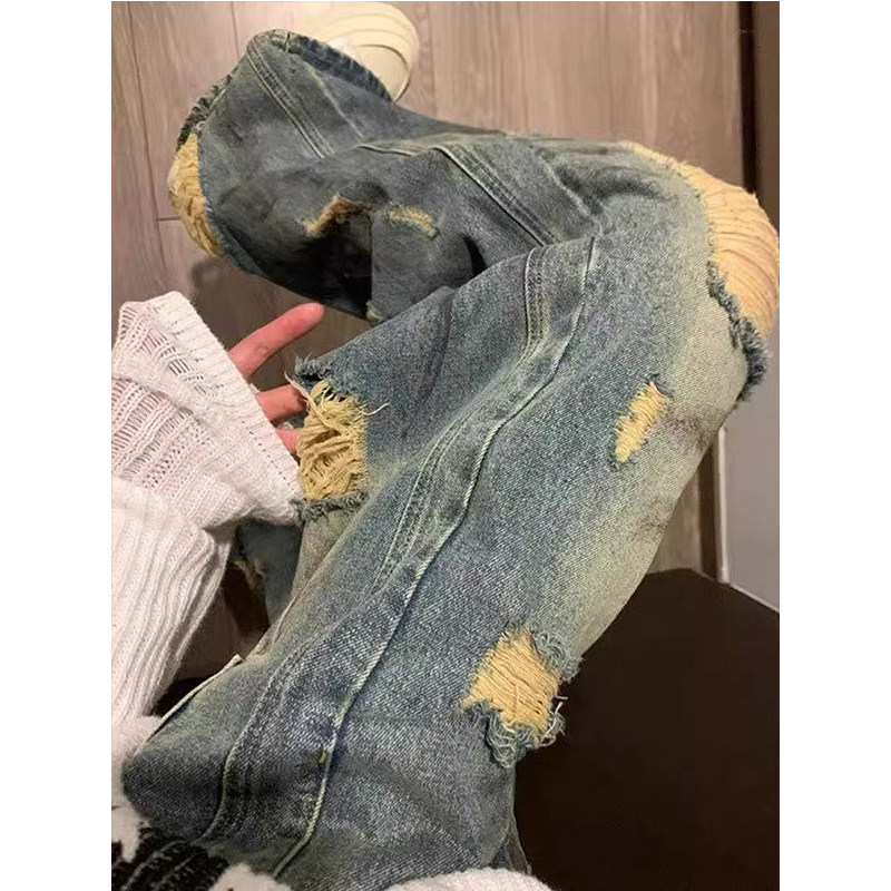 美式复古炸街辣妹做旧破洞牛仔裤女春夏松弛感慵懒宽松阔腿直筒裤,女装/女士精品,大码裤装,淘宝优惠券,粉丝福利购,淘宝优惠卷