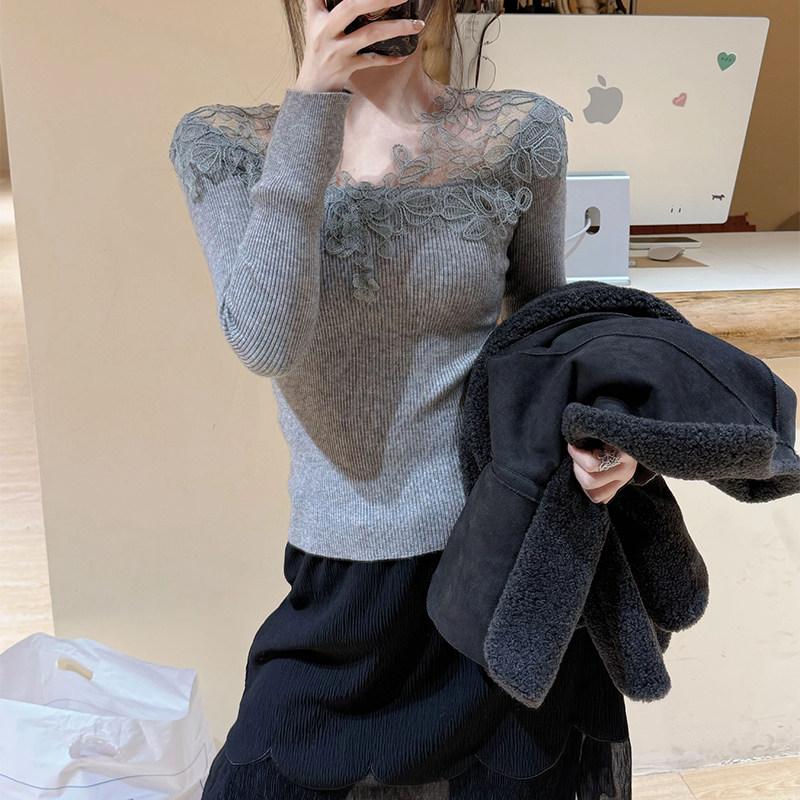 法式灰色蕾丝拼接针织打底衫女秋冬轻奢高级感内搭气质绝美小上衣,女装/女士精品,常规大码外套,淘宝优惠券,粉丝福利购,淘宝优惠卷