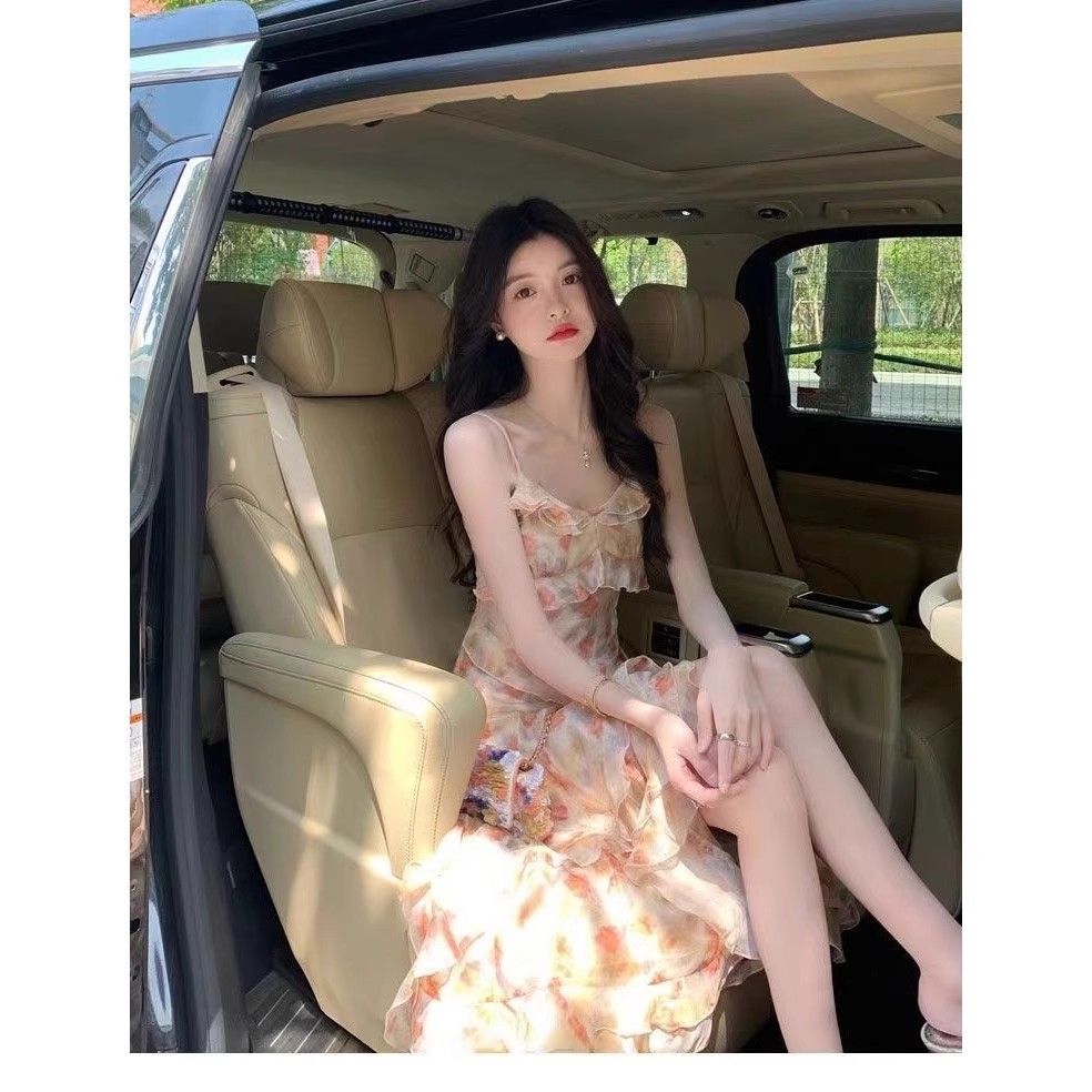 法式不规则开叉吊带碎花连衣裙女