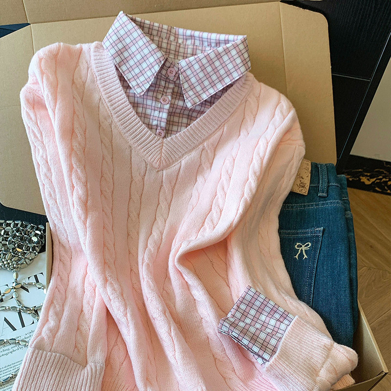 韩系格纹假两件麻花毛衣女春秋新款学院风宽松显瘦短款针织衫上衣,女装/女士精品,常规大码外套,淘宝优惠券,粉丝福利购,淘宝优惠卷