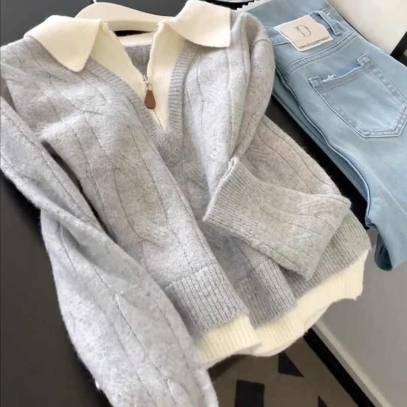 高级感半拉链假两件灰色毛衣女2026秋冬翻领可外穿内搭针织衫上衣,女装/女士精品,常规大码外套,淘宝优惠券,粉丝福利购,淘宝优惠卷