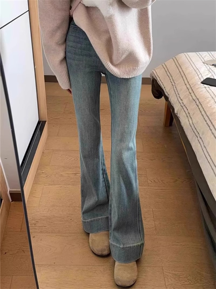 加长欧美高腰浅色微喇叭牛仔裤女