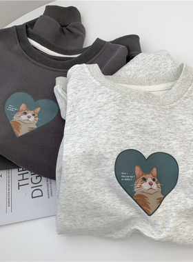 超火cec灰色爱心印花卫衣女秋冬ins潮慵懒风bf圆领宽松学生上衣服