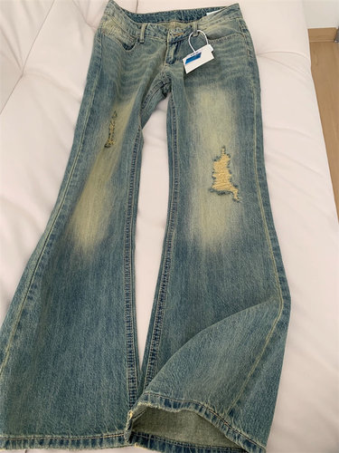 美式复古低腰微喇叭牛仔裤女春秋