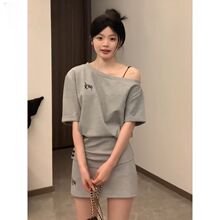 韩系慵懒风休闲运动套装女夏季时尚短款斜肩短袖短裙小个子两件套