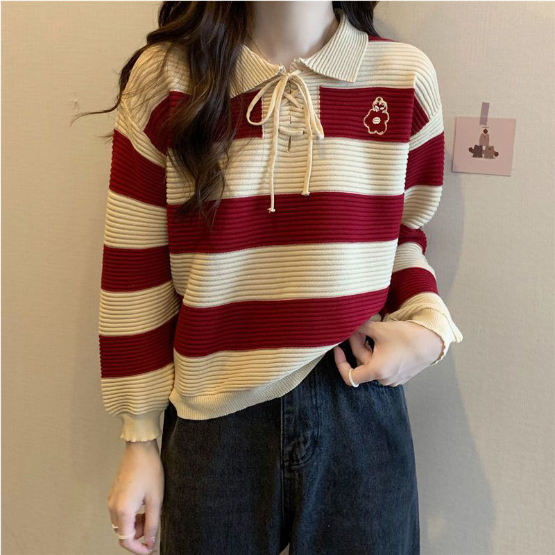 条纹针织衫短款毛衣女小个子春秋POLO领长袖2026新款打底衫冬上衣,女装/女士精品,大码内搭,淘宝优惠券,粉丝福利购,淘宝优惠卷